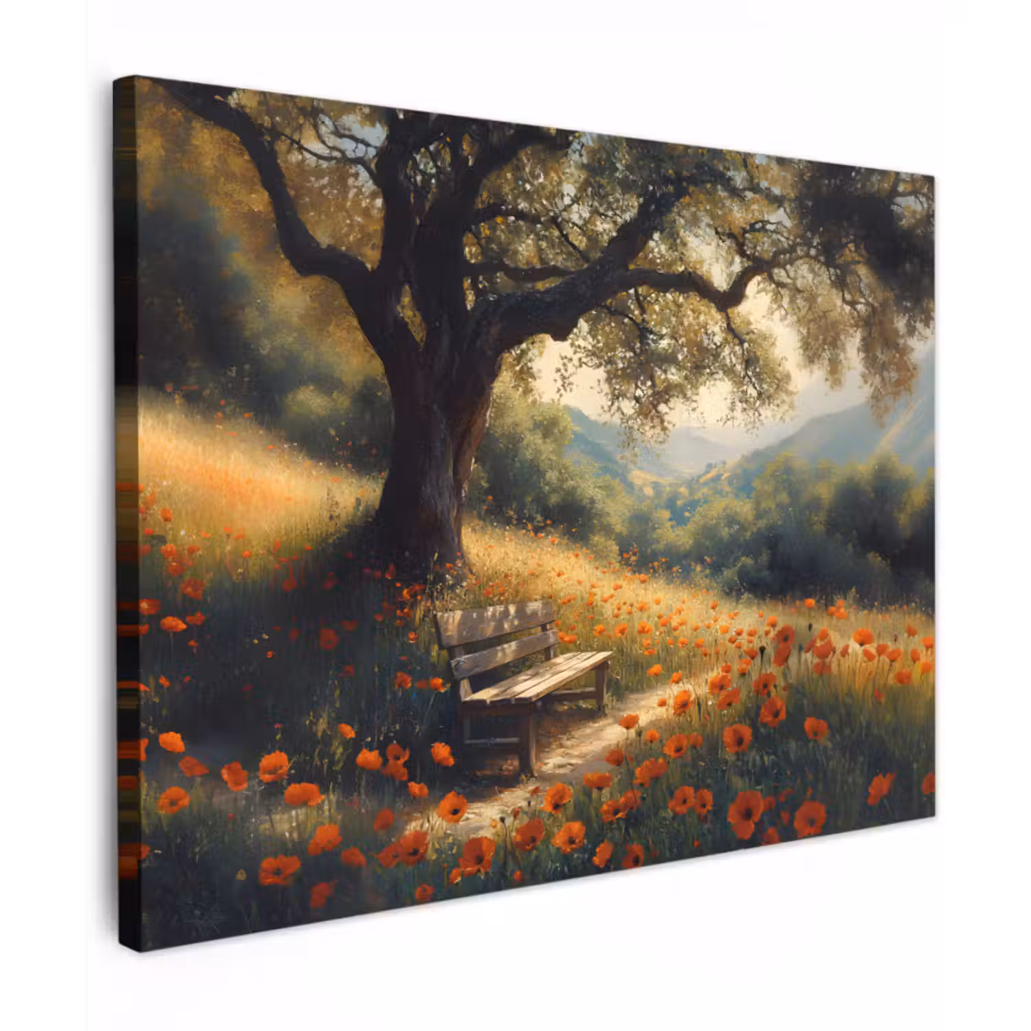 Canvas schilderij - Bankje - Boom - Klaprozen - Heuvels