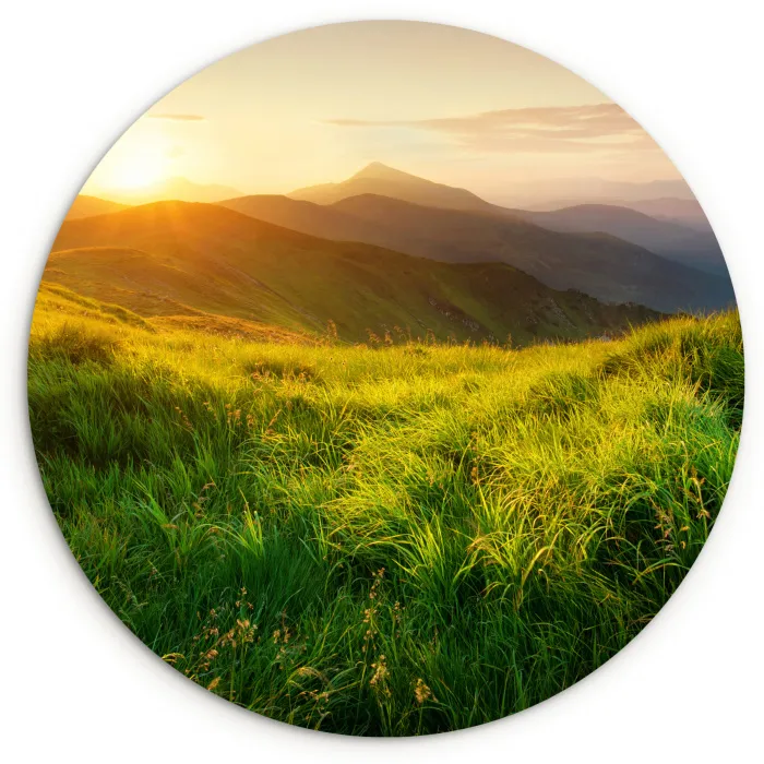 Gras - Heuvels - Zon - Natuur - Landschap Wandcirkel kunststof plaat 5mm dik klein -3d