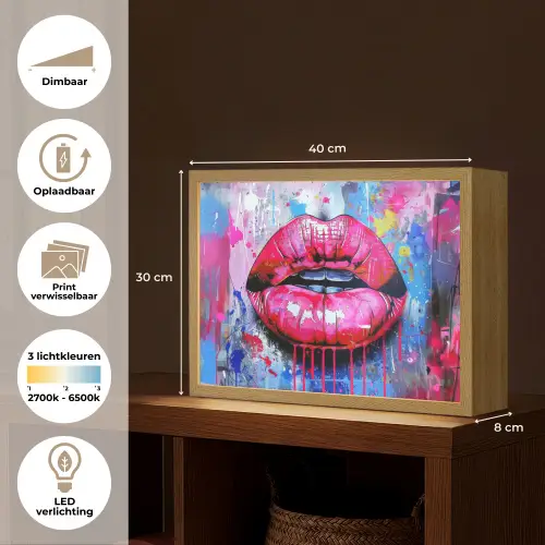 Graffiti - Lippen - Felroze - Geschilderd Light Box met batterij (Wandlamp) middel -USP_websiteoverzichtNL