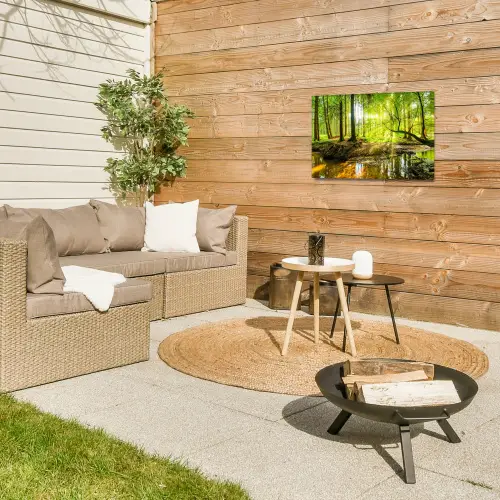 Zonnestralen in een groen bos Tuinposter op houten frame 2 cm dik klein -sfeer2