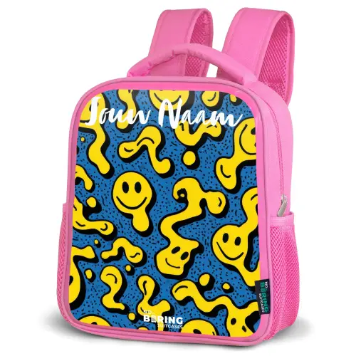 Smiley - Geel - Blauw Kinderrugzak - Roze middel -schuin