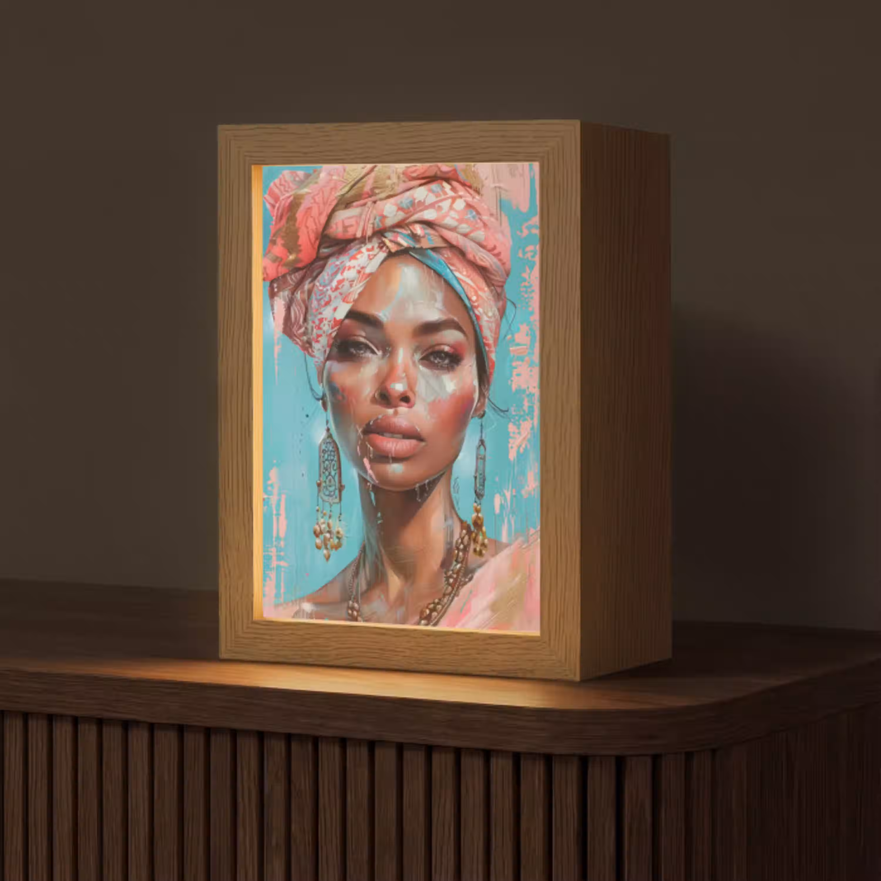 Vrouw - Portret - Blauw - Roze - Modern Light Box met kabel (Tafellamp) klein -z3d_website