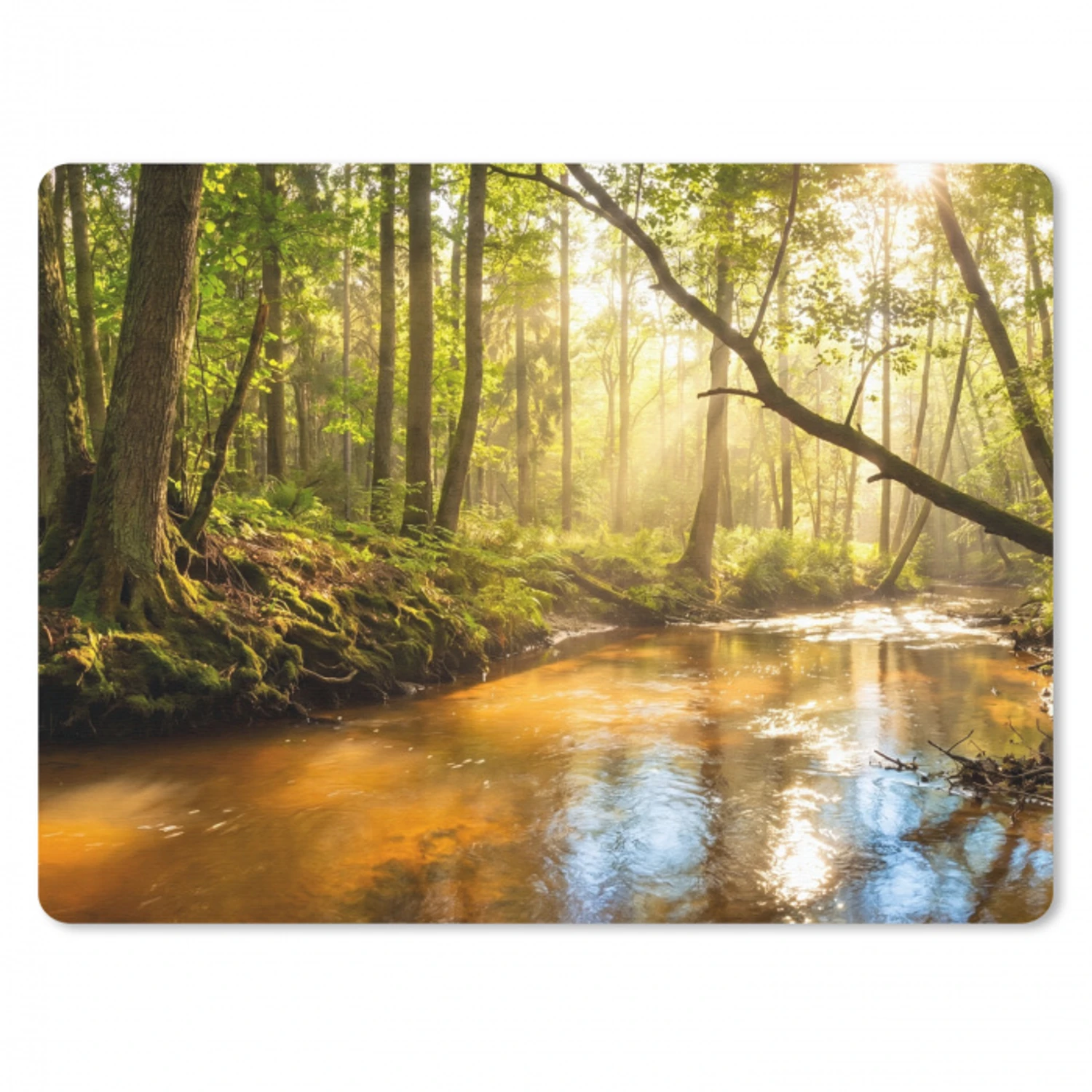 Bos - Beek - Zonlicht - Natuur - Groen muismat rubber klein -3d