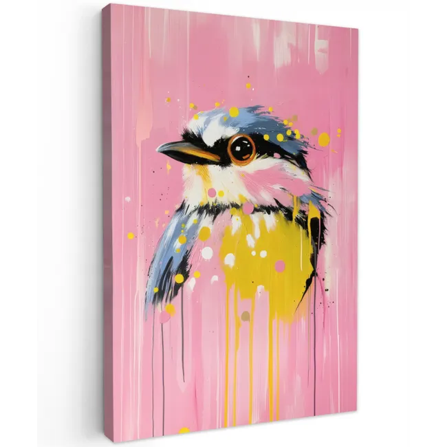 Vogel - Roze - Geel - Blauw Tuinposter op houten frame 2 cm dik klein -3d