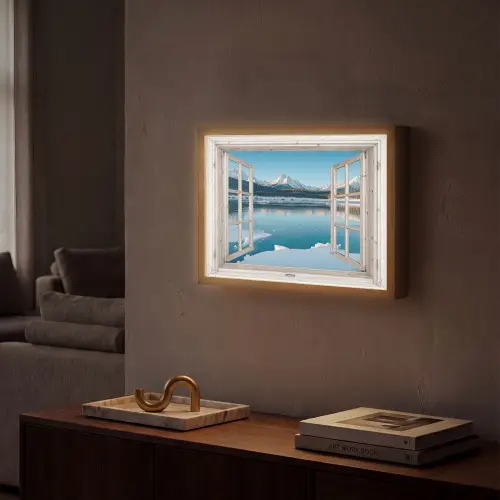 Landschap - Winter - Meer - Bergen - Uitzicht - Doorkijk - Licht Light Box met batterij (Wandlamp) middel -sfeer1
