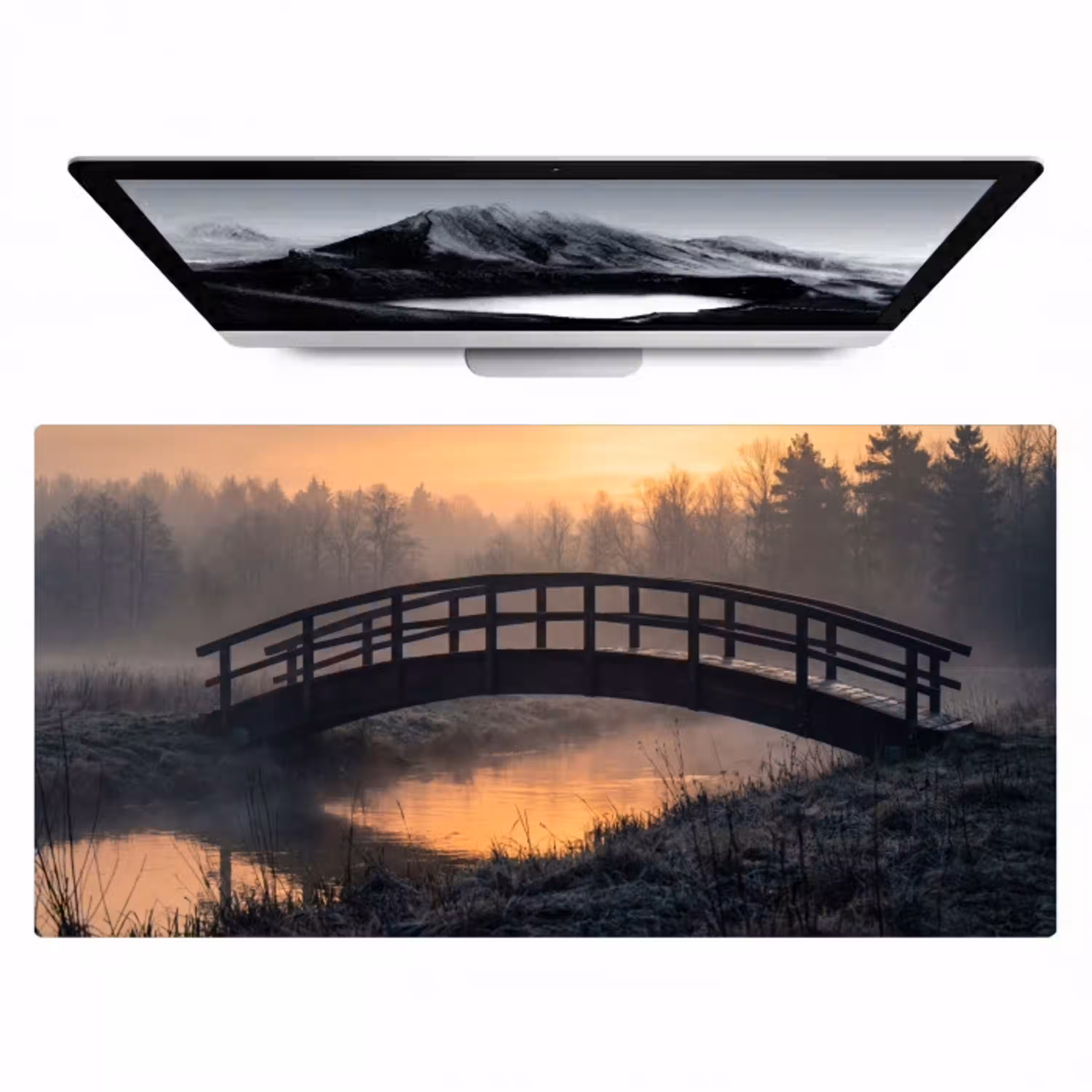 Brug - Mist - Bomen - Water Muismat XXL klein -zzz3d
