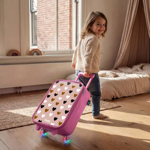 Zwart, wit en bruin hartjespatroon op oudroze achtergrond Kinderkoffer - Roze klein -sfeer1