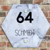 Blauw marmer - Modern Naambord Hexagon klein -sfeer2