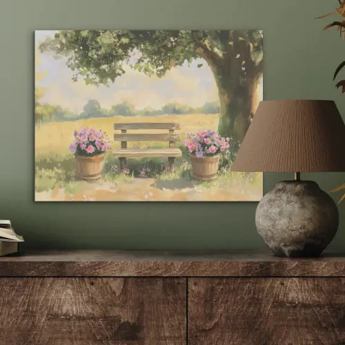 Houten bankje - Bloempotten - Landschap PET vilt klein -sfeer2