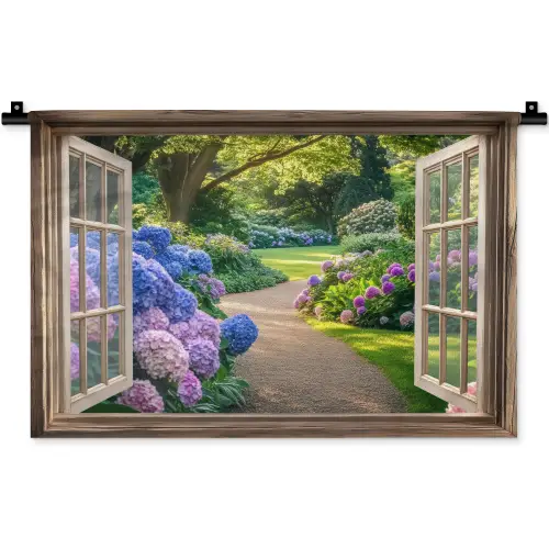 Doorkijk - Tuin - Raam - Hortensia - Bloemen Wandkleed katoen klein -zz3d