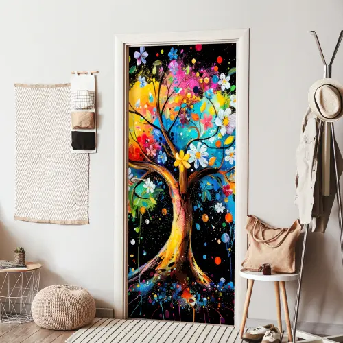 Boom - Kleurrijk - Bloemen - Zwart deurposter klein -sfeer6