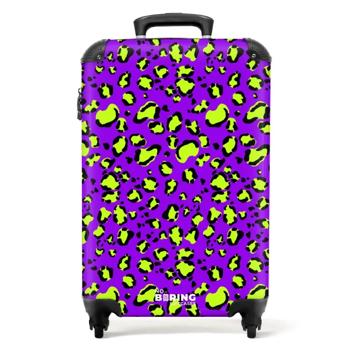Panterprint in limoengroen op paarse achtergrond NBS - Handbagage koffer - Volwassenen Unisex middel -productfoto_recht