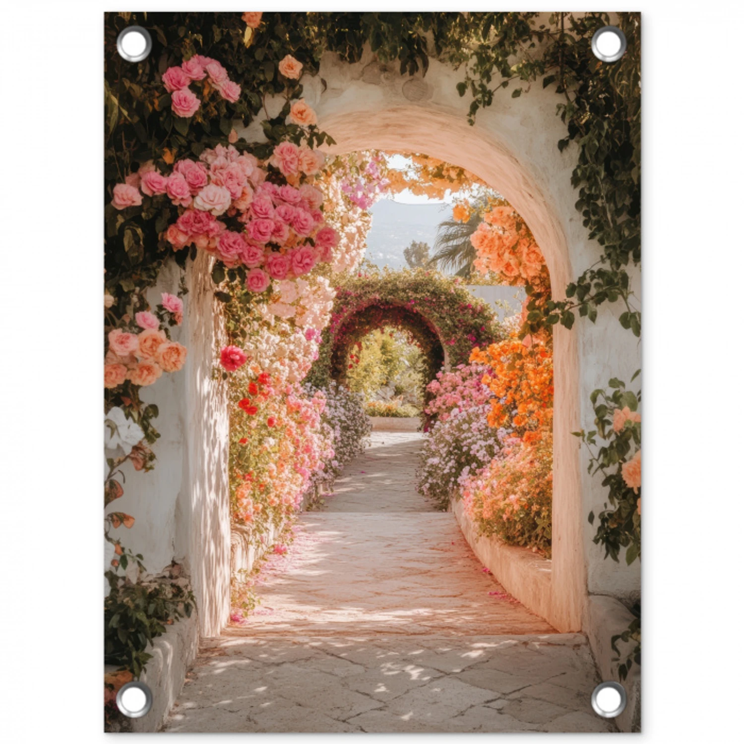 Doorkijk - Boog - Bloemen - Pastel tuinposter los doek klein -3d
