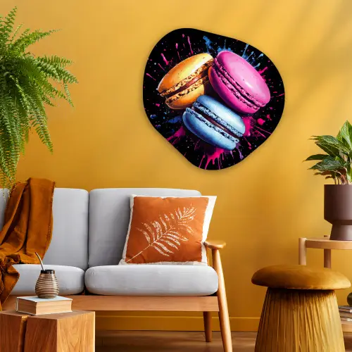 Macarons - Dessert - Graffiti - Kleurrijk - Roze - Blauw - Geel Wandcirkel Organisch Plexiglas middel -sfeer4