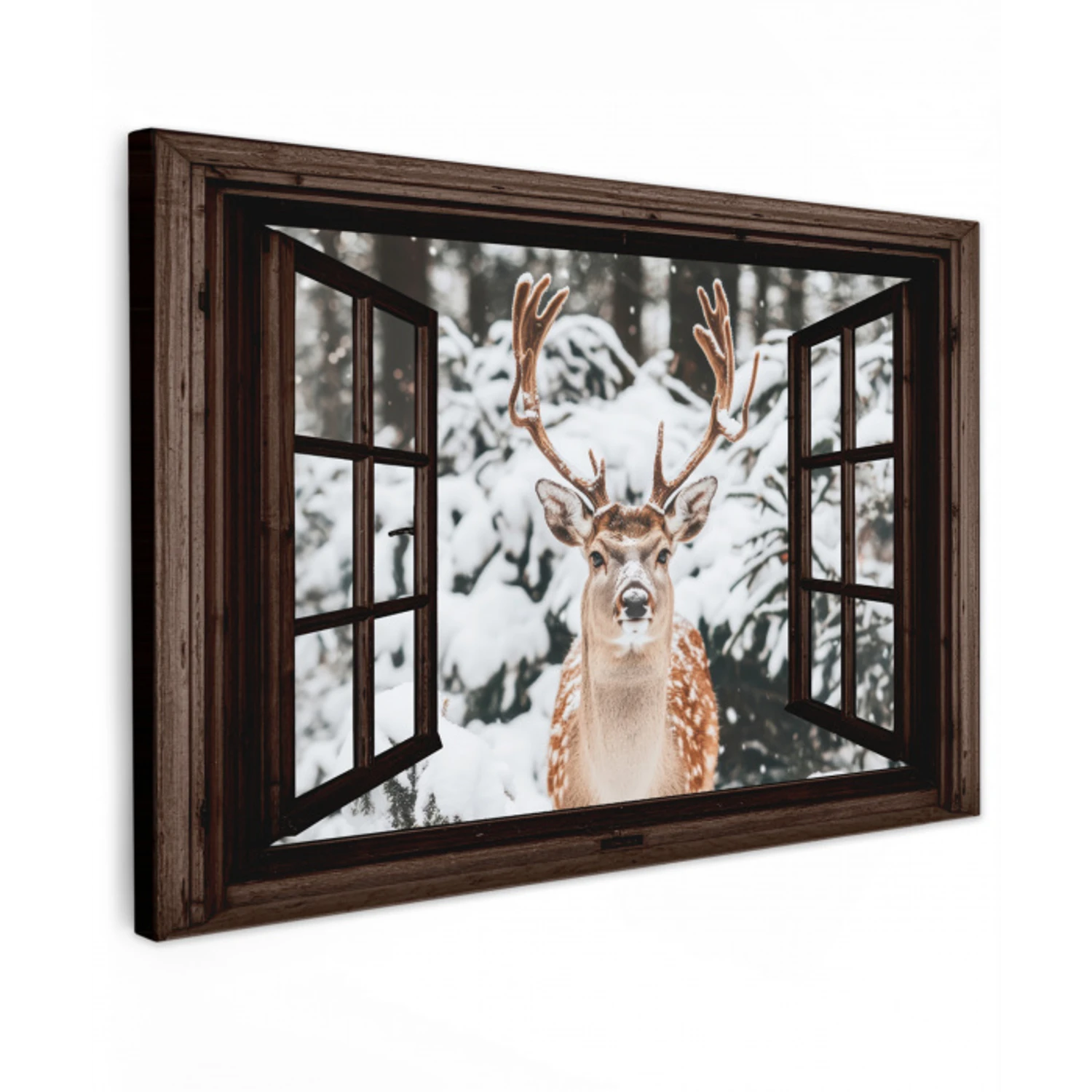 Hert - Sneeuw - Winter - Bos - Dieren - Doorkijk Tuinposter op houten frame 2 cm dik klein -3d