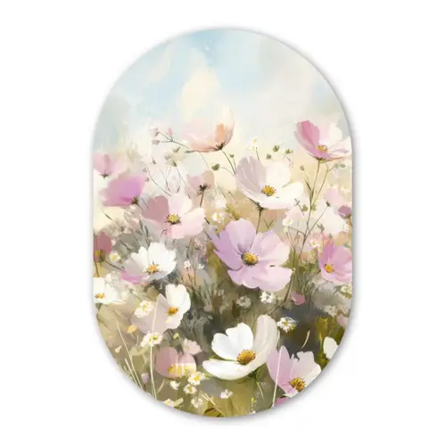 Bloemenveld - Lichte tinten - Geschilderd Wandcirkel Ovaal Glas middel -3d