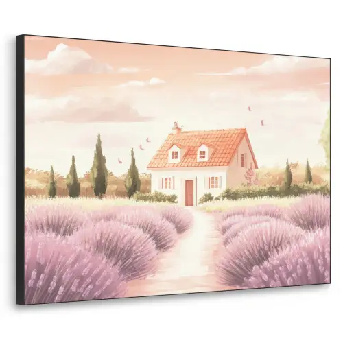 Lavendelveld - Huis - Paars Textielframe zwart klein -3d