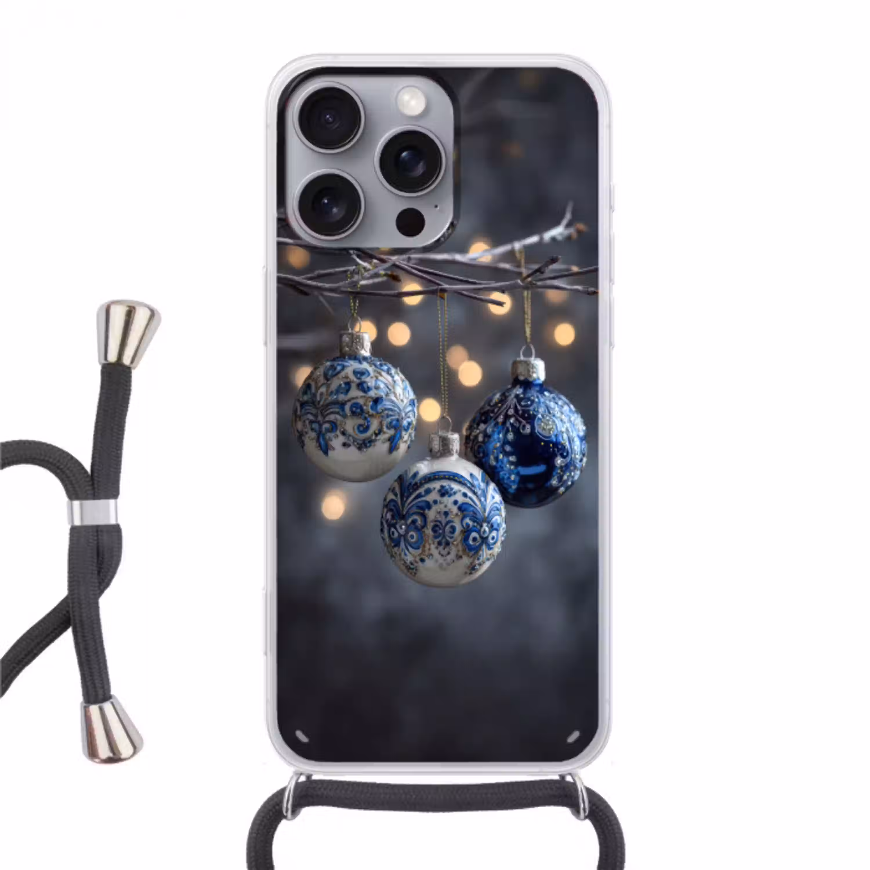 Kerstbal - Versierd - Blauw Hoesje iPhone 16 Pro Max met koord klein -3d