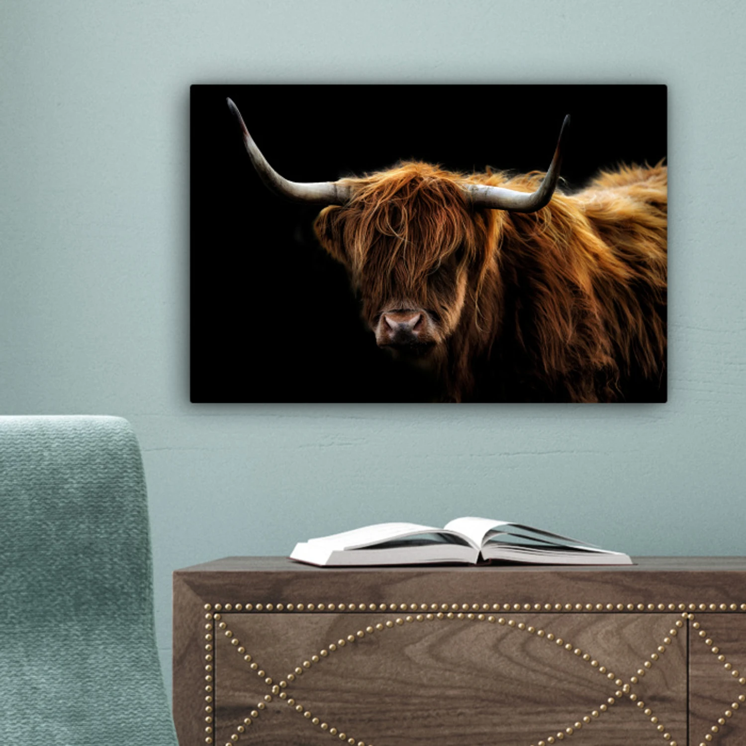 MuchoWow© Canvas Schilderij 90x60 cm Kamer Muur Decoratie Woonkamer Slaapkamer Room Decor Wall Decoration Art Painting Schotse hooglander - Landschap