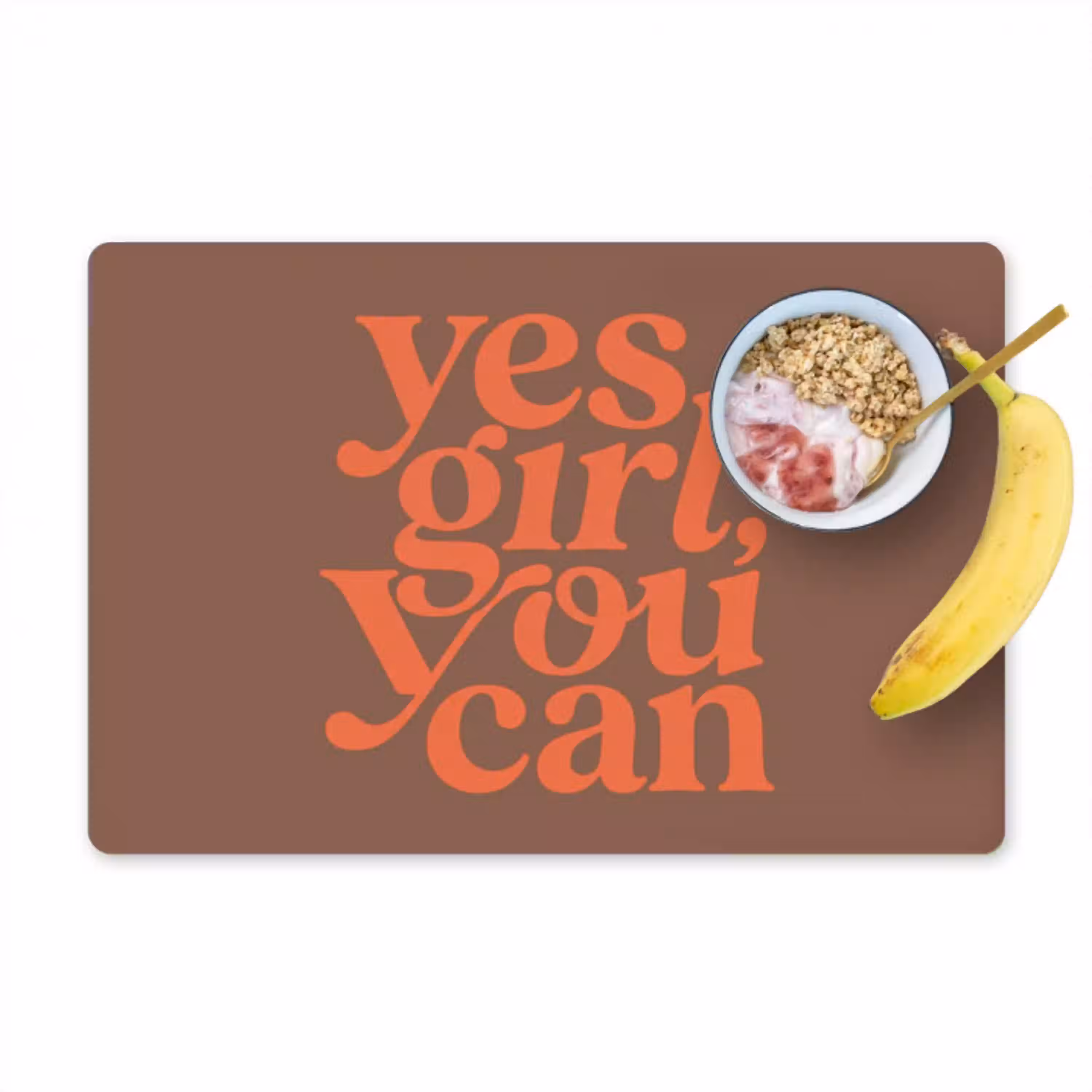 Yes girl you can - Oranje - Bruin Placemat vinyl groot -zzzproduct_Kitchenyeah-website