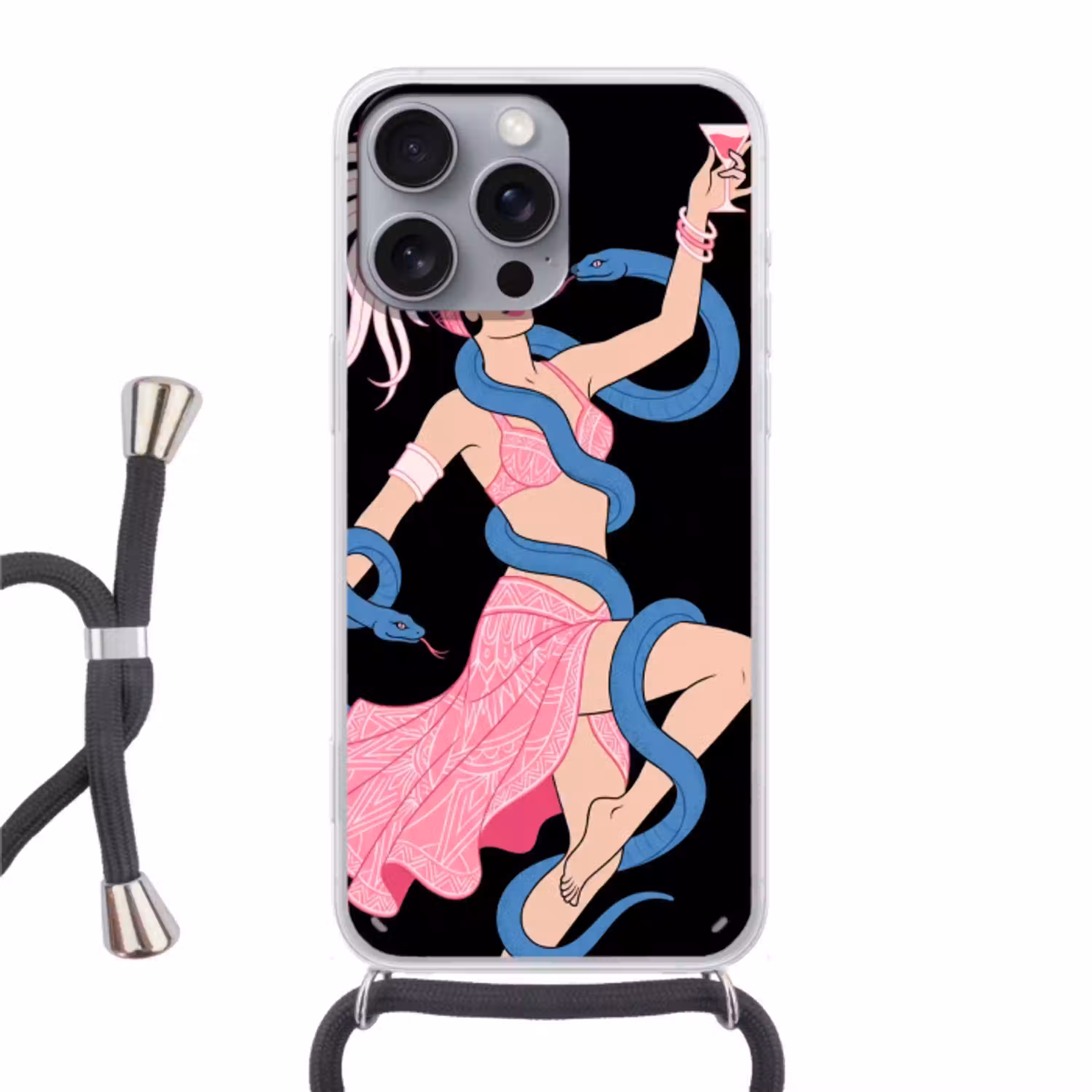 Vrouw - Danseres - Slangen - Art Deco - Roze Hoesje iPhone 16 Pro Max met koord klein -3d
