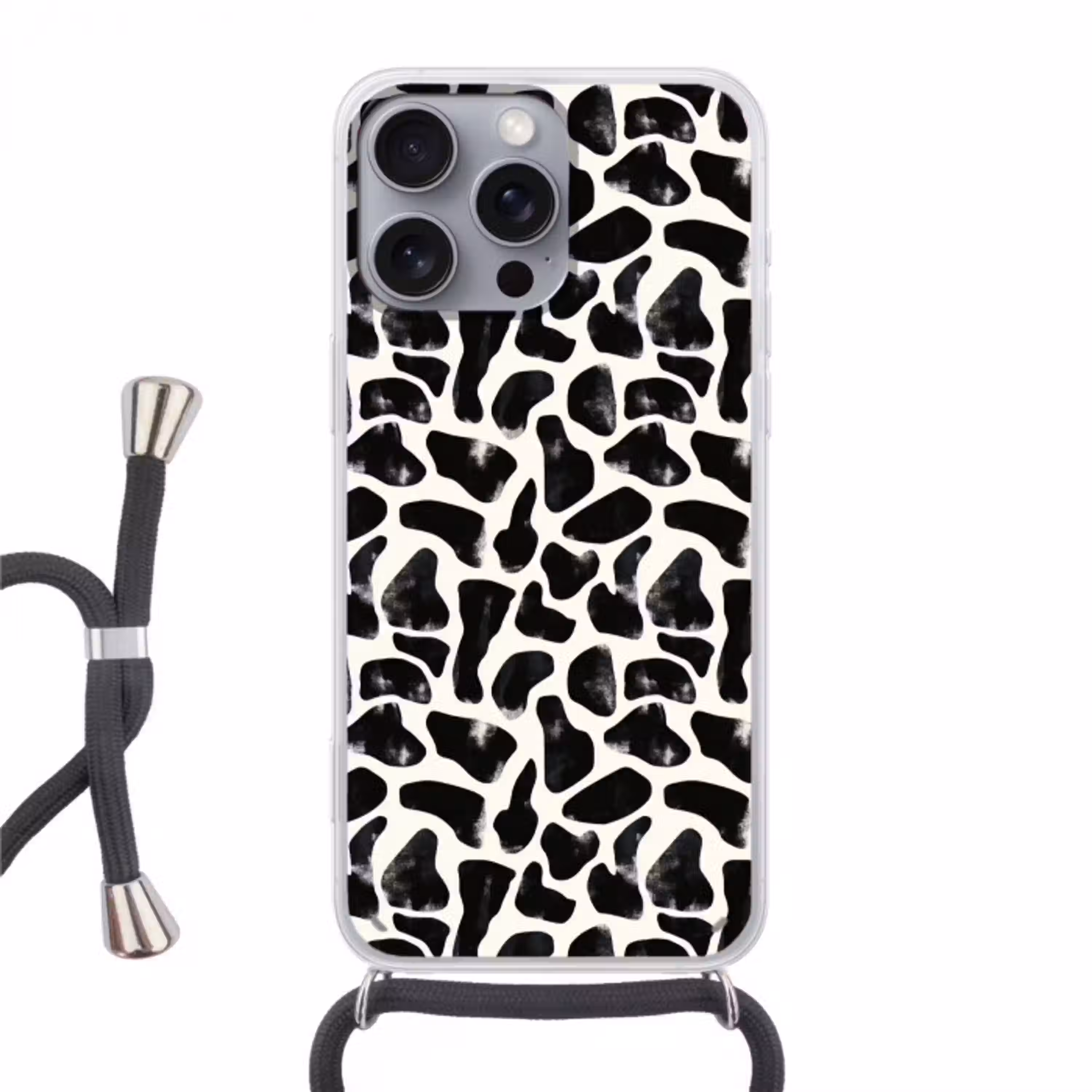 Dierenpatroon - Vlekken - Zwart - Wit Hoesje iPhone 16 Pro Max met koord klein 804 -3d