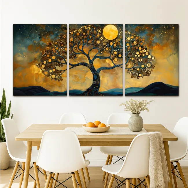 Meerluik schilderij - 3 luiken - Boom - Geel - Abstract - Modern