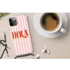 Hola - Quote -  Strepen - Pastel - Roze - Rood - Wit Hoesje iPhone 12 Pro met koord klein -oordop