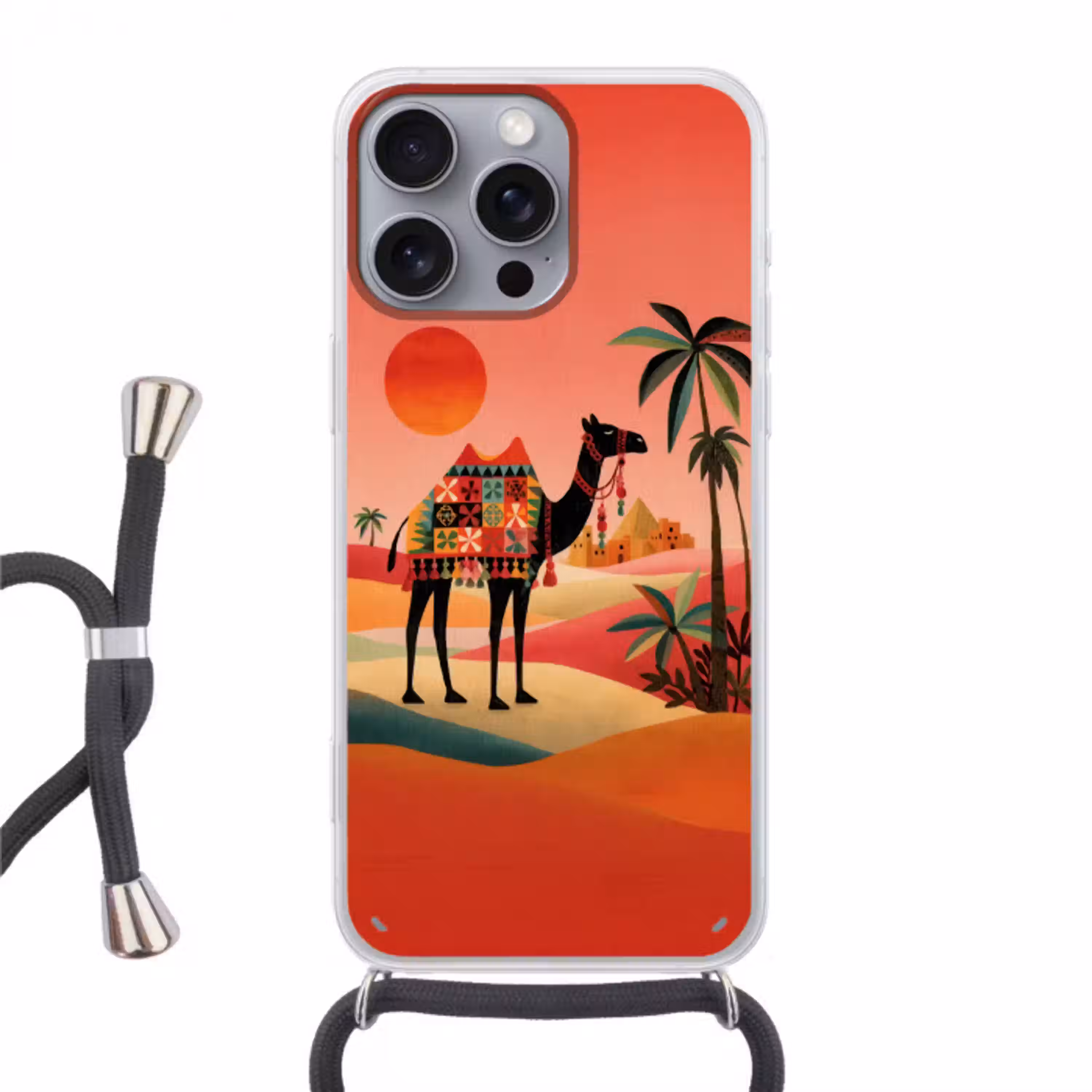 Kameel - Gekleurd tapijt - Duinen - Rode zon Hoesje iPhone 16 Pro Max met koord klein -3d