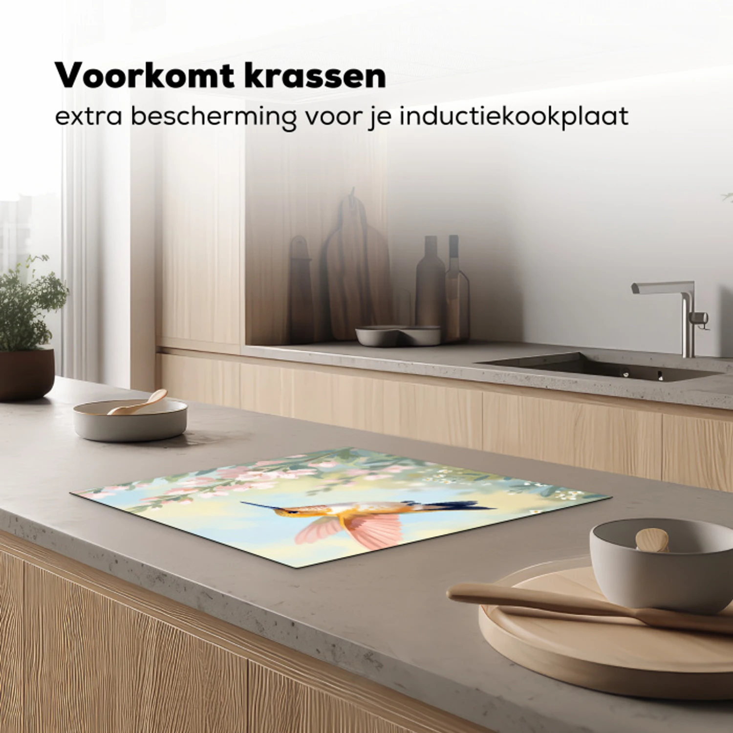 Kolibrie - Illustratie - Kleurrijk Inductie beschermer vinyl 3mm middel -sfeer1