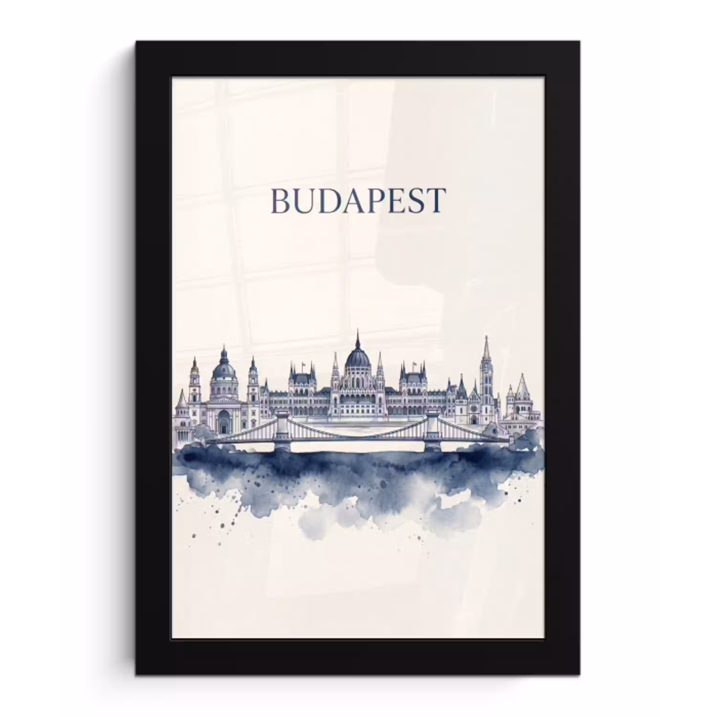 Boedapest - Skyline - Architectuur - Aquarel - Blauw fotolijst zwart zonder passe partout klein -3d