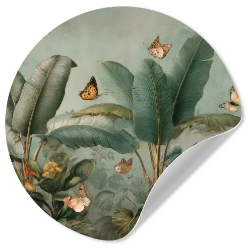 Tropisch bladerdek - Vlinders - groen - Bruin Wandcirkel behangsticker klein -3d