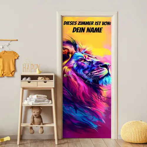Bunter Löwenkopf im modernen Neon-Art-Stil mit personalisierbarem Namensfeld. deurposter klein -sfeer4
