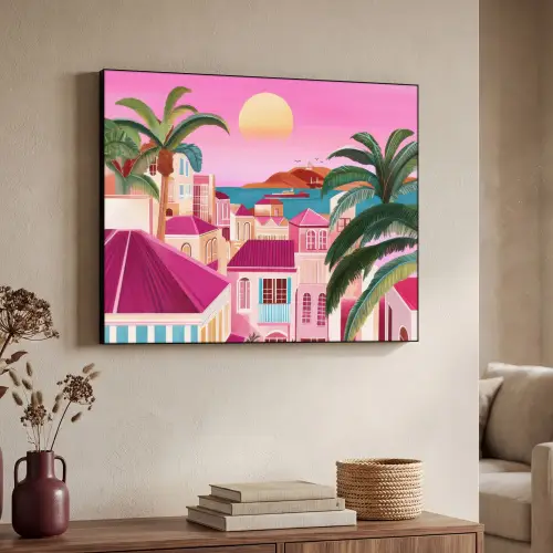 Stad - Roze - Palmbomen Textielframe zwart klein -sfeer3