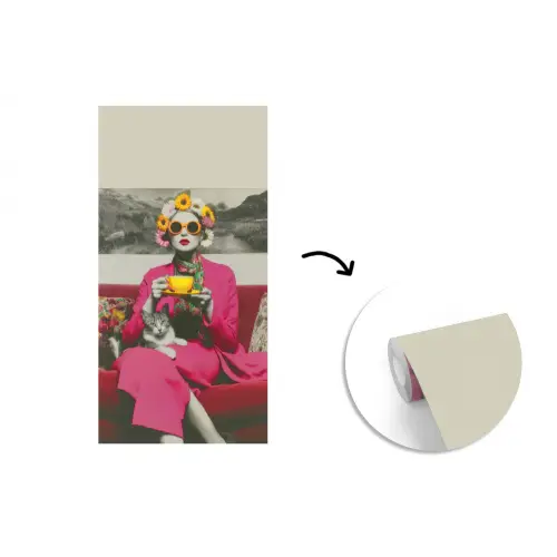Vrouw - Kat - Bloemen - Kopje - Retro fotobehang vinyl groot -3d