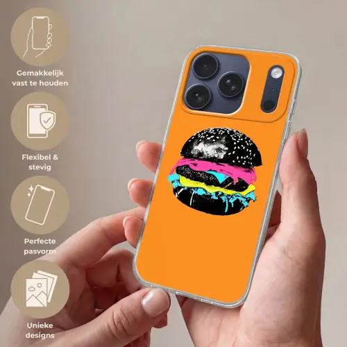 Hamburger - Oranje - Neon - popart Telefoonhoesje iPhone 17 Pro klein -sfeer3_NL