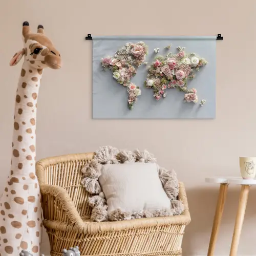 Wereldkaart - Rozen - Roze Wandkleed katoen klein -wsfeer5_kind