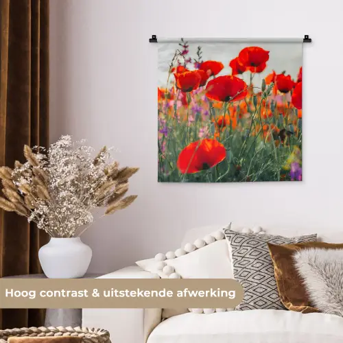 Klaproos - Bloemen - Rood - Paars - Weide Wandkleed katoen klein -sfeer1