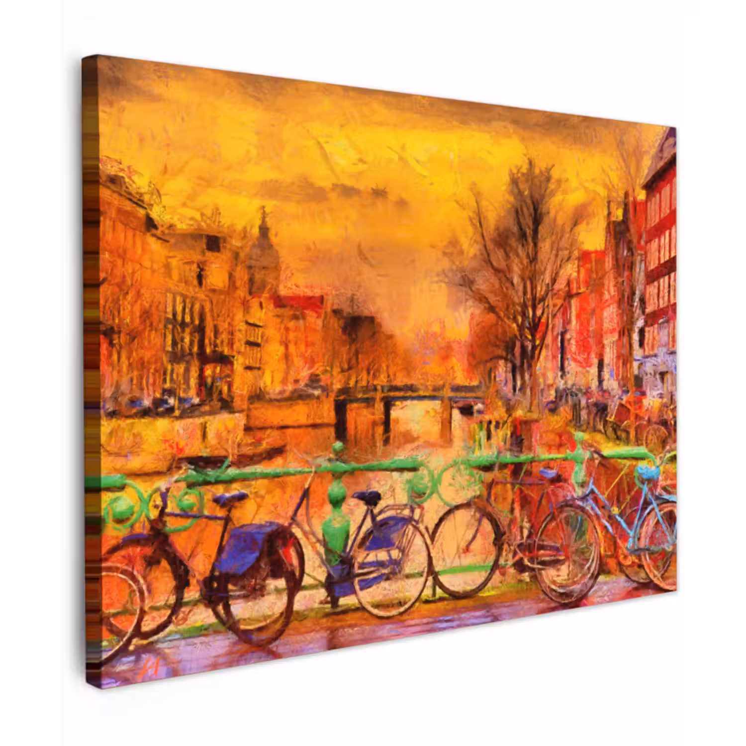 Canvas schilderij - Schilderij - Fiets - Amsterdam - Gracht - Olieverf