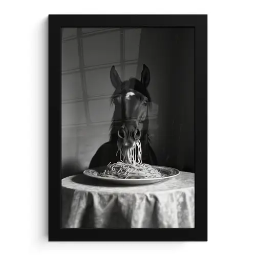 Paard - Bord - Pasta - Tafelkleed - Zwart Wit - Dieren fotolijst zwart zonder passe partout klein -3d