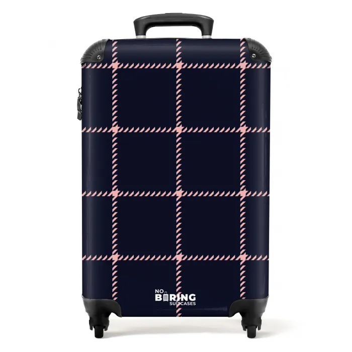 Donkerblauw ruitpatroon met roze visgraatlijnen NBS - Handbagage koffer - Kinderen Unisex middel -productfoto_recht