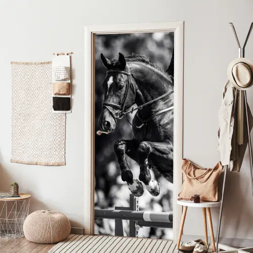 Springen - Paard - Zwart - Wit deurposter klein -sfeer6