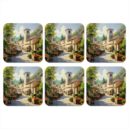 Dorp - Zon - Kraampjes - Huizen onderzetter kurk middel -3d