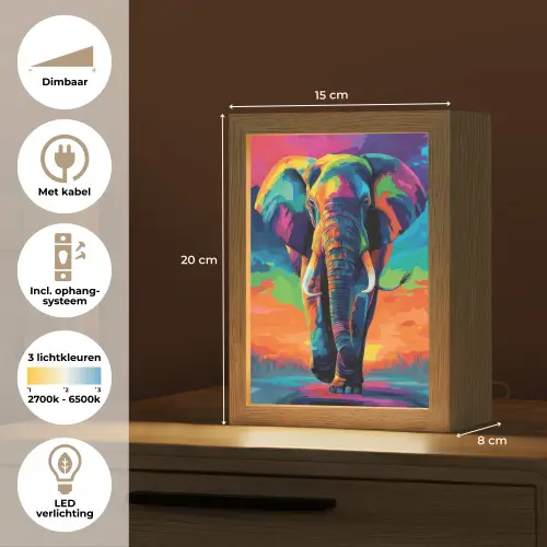 Olifant - Kleurrijk - Lucht - Abstract Light Box met kabel (Tafellamp) klein -USP_NL