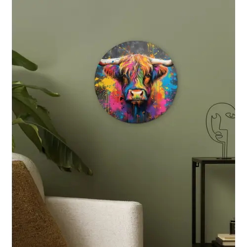 Graffiti - Schotse hooglander - Koe - Kleurrijk Wandcirkel kunststof plaat 5mm dik klein -sfeer3