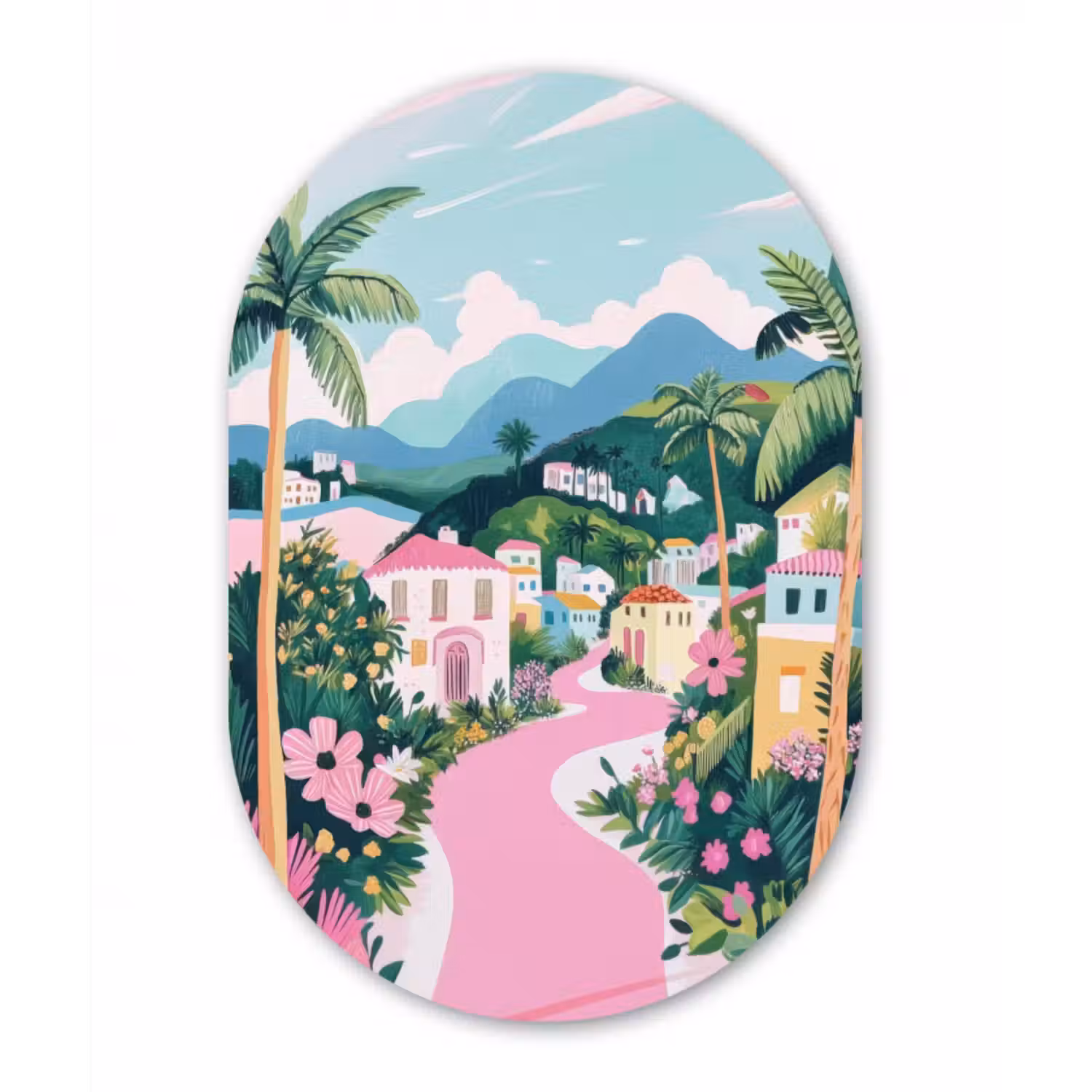 Glasbild Oval - Bunt - Häuser - Hügel - Rosa