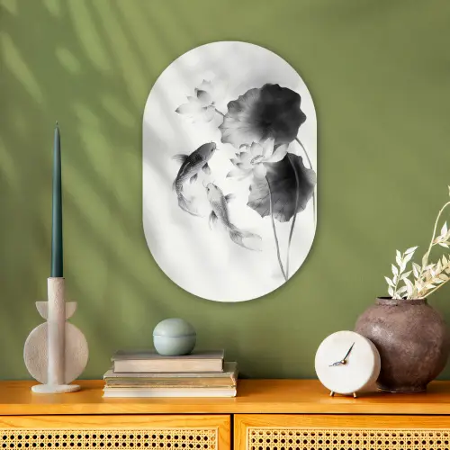 Lotusbloemen - Vissen - Bladeren - Zwart Wandcirkel Ovaal Forex klein -sfeer2
