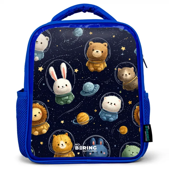 Dieren - Astronaut - Planeten - Sterren Kinderrugzak - Blauw middel -3d