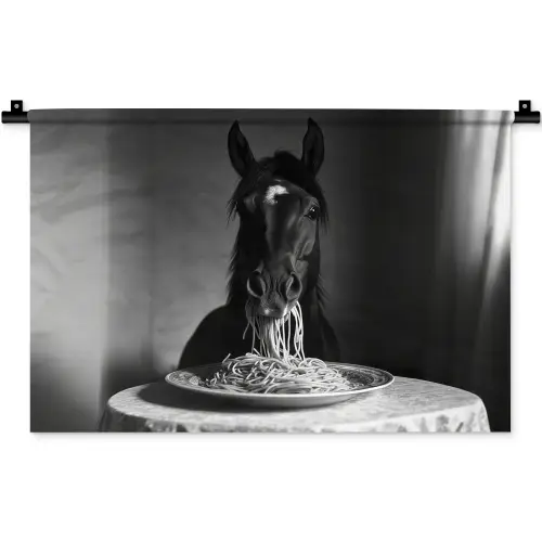 Paard - Bord - Pasta - Tafelkleed - Zwart Wit - Dieren Wandkleed katoen klein -zz3d