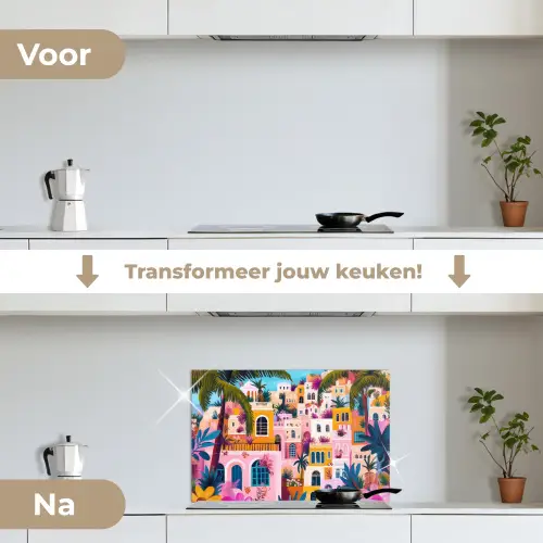 Kleurrijk - Roze - Oranje - Geel - Bloemen keuken achterwand spatscherm klein -voor_na_NL